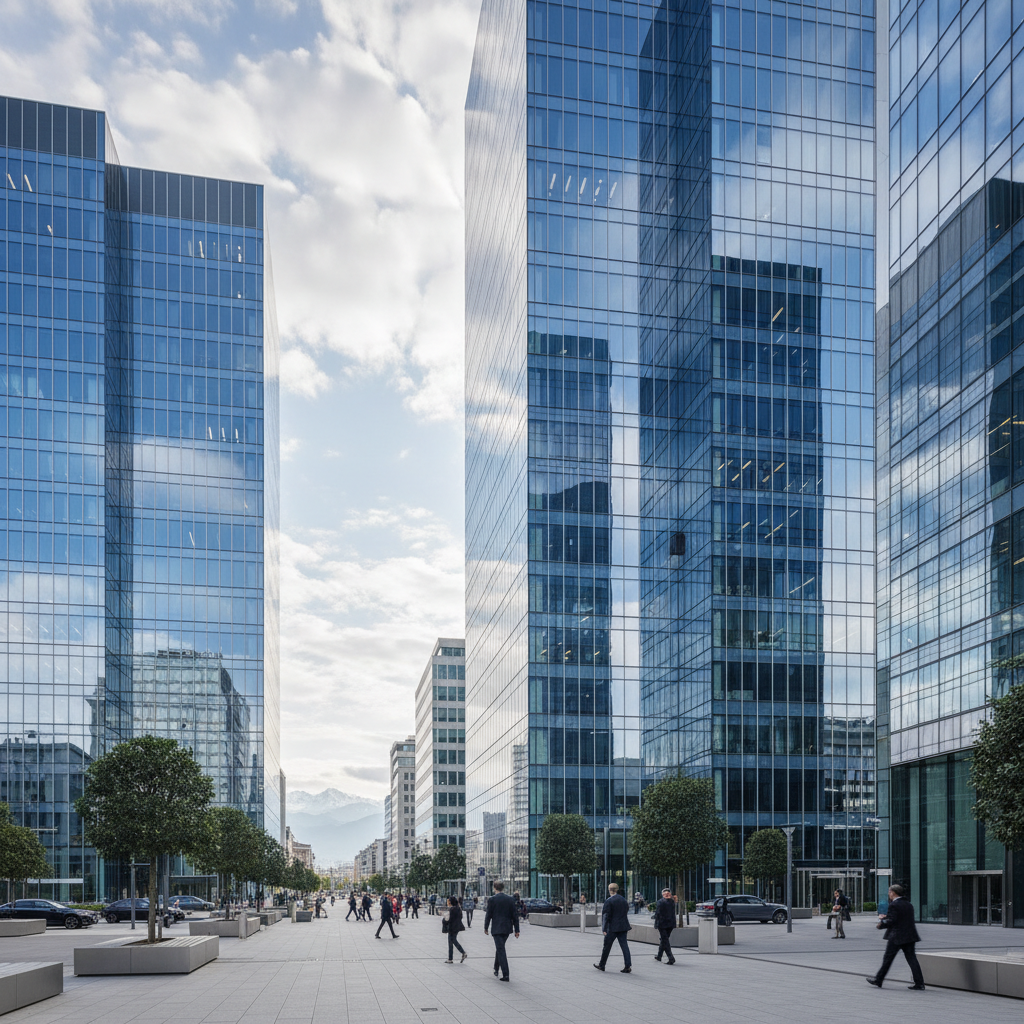 Gratte-ciel moderne en verre à Zurich reflétant le ciel nuageux